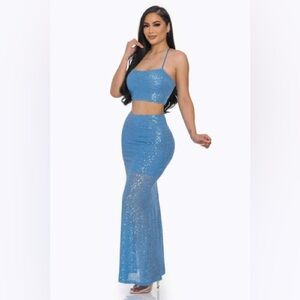 Capsule Blue Sequin Maxi Dress 2 piece Mermaidcore Aquacore Bodycon Icy Blue SM